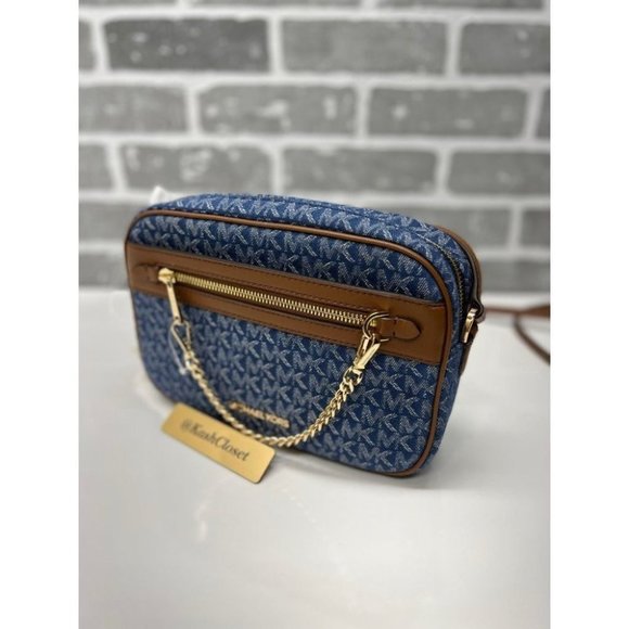 Michael Kors Chain Crossbody Denim Multi  Zip Xbody Messenger Signature Blue MK - Picture 3 of 9